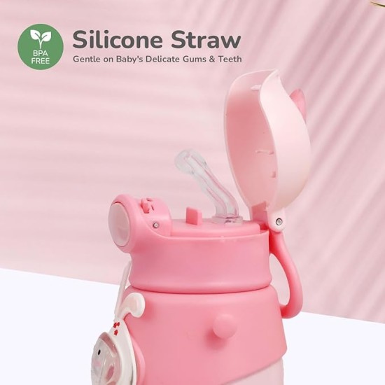 R for Rabbit Steebo Zoobie Premium Stainless Steel Water Sipper for Baby, Spill Proof BPA Free Soft Silicone Straw Drinking Sipper for Kids of 12+ Months (550ml, Pink Bunny)