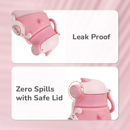 R for Rabbit Steebo Zoobie Premium Stainless Steel Water Sipper for Baby, Spill Proof BPA Free Soft Silicone Straw Drinking Sipper for Kids of 12+ Months (550ml, Pink Bunny)