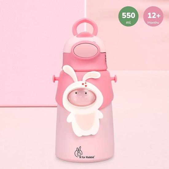 R for Rabbit Steebo Zoobie Premium Stainless Steel Water Sipper for Baby, Spill Proof BPA Free Soft Silicone Straw Drinking Sipper for Kids of 12+ Months (550ml, Pink Bunny)