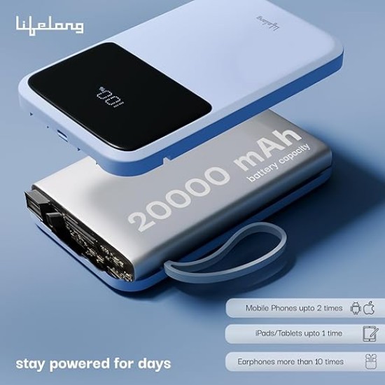 Lifelong Electronics 20000mAh 22.5W Fast Charging Power Bank | 3 Inputs (in-Built USB Cable + Lightning + Type-C Port) | 6 Outputs (3 in-Built Cables + 1 Type-C Port + 2 USB Ports) | QC 3.0 Powerbank Lifelong Electronics 20000mAh 22.5W Fast Charging Power Bank | 3 Inputs (in-Built USB Cable + Lightning + Type-C Port) | 6 Outputs (3 in-Built Cables + 1 Type-C Port + 2 USB Ports) | QC 3.0 Powerbank