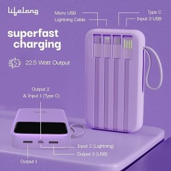 Lifelong Electronics 10000mAh 22.5W Fast Charging Power Bank | 3 Inputs (in-Built USB Cable + Lightning + Type-C Port) | 6 Outputs (3 in-Built Cables + 1 Type-C Port + 2 USB Ports) | QC 3.0 Powerbank Lifelong Electronics 10000mAh 22.5W Fast Charging Power Bank | 3 Inputs (in-Built USB Cable + Lightning + Type-C Port) | 6 Outputs (3 in-Built Cables + 1 Type-C Port + 2 USB Ports) | QC 3.0 Powerbank