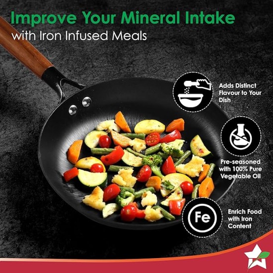 Wonderchef Pre-Seasoned Ferro Light 24cm Cast Iron Fry Pan | 1.4L | Acacia Wooden Handles | Gravity Moulding Technology | No Chemical Coating |10 Year Warranty