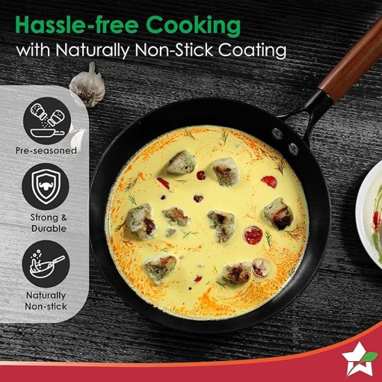 Wonderchef Pre-Seasoned Ferro Light 24cm Cast Iron Fry Pan | 1.4L | Acacia Wooden Handles | Gravity Moulding Technology | No Chemical Coating |10 Year Warranty