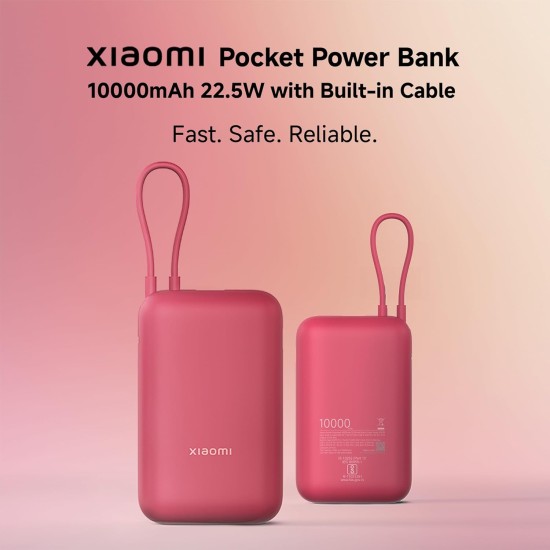 Xiaomi Pocket Power Bank 10000mAh 22.5W with Built-in Cable | Super Fast Charging PD |Smart 12 Layer Protection|Triple Output Ports|Supports Android,Apple, Tablets, Earbuds,Watch(MI Powerbank),Maroon