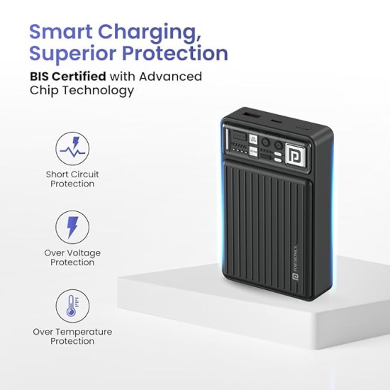 Portronics Luxcell Mini 20K Advanced 20000 mAh Smallest Power Bank with 22.5W Max Output, LED Indicator, Mach USB-A Output, Type C PD Output, Type C Input, Wake Up Button(Black)