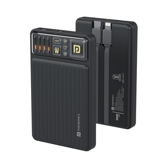 Portronics Luxcell Bind Mini 10k 10000mAh Nano Powerbank with 22.5W Fast Charging, in-Built Type C PD(Input & Output) /8 Pin Cable, LED Indicator, USB-A Mach Output, Compatible with Smartphones