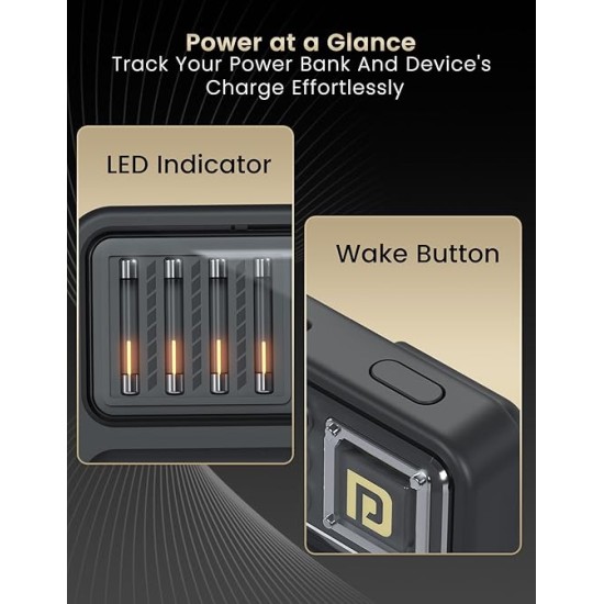 Portronics Luxcell Bind Mini 10k 10000mAh Nano Powerbank with 22.5W Fast Charging, in-Built Type C PD(Input & Output) /8 Pin Cable, LED Indicator, USB-A Mach Output, Compatible with Smartphones