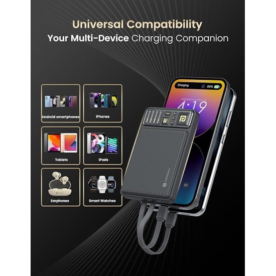 Portronics Luxcell Bind Mini 10k 10000mAh Nano Powerbank with 22.5W Fast Charging, in-Built Type C PD(Input & Output) /8 Pin Cable, LED Indicator, USB-A Mach Output, Compatible with Smartphones