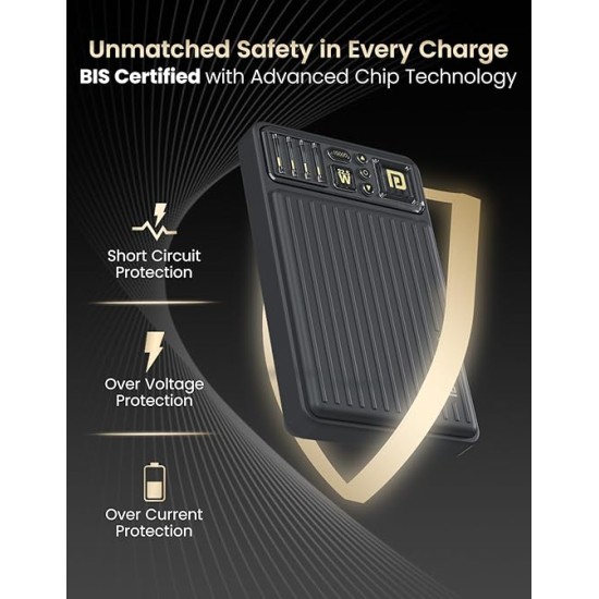 Portronics Luxcell Bind Mini 10k 10000mAh Nano Powerbank with 22.5W Fast Charging, in-Built Type C PD(Input & Output) /8 Pin Cable, LED Indicator, USB-A Mach Output, Compatible with Smartphones