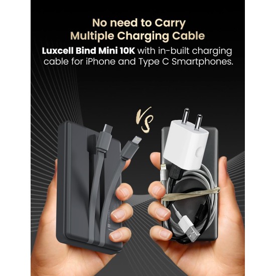 Portronics Luxcell Bind Mini 10k 10000mAh Nano Powerbank with 22.5W Fast Charging, in-Built Type C PD(Input & Output) /8 Pin Cable, LED Indicator, USB-A Mach Output, Compatible with Smartphones