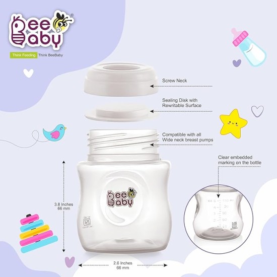 BeeBaby Pump N' Protect Breast Milk Storage Bottles. Pack of 3 Milk Collection Bottles fits Most Wide Neck Breast Pumps. 100% BPA Free. 150ML / 5oz. White