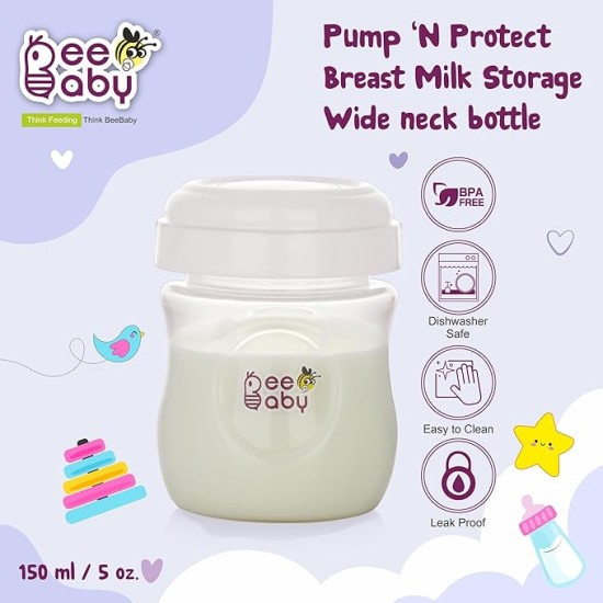 BeeBaby Pump N' Protect Breast Milk Storage Bottles. Pack of 3 Milk Collection Bottles fits Most Wide Neck Breast Pumps. 100% BPA Free. 150ML / 5oz. White