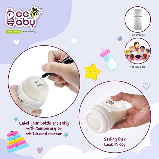 BeeBaby Pump N' Protect Breast Milk Storage Bottles. Pack of 3 Milk Collection Bottles fits Most Wide Neck Breast Pumps. 100% BPA Free. 150ML / 5oz. White