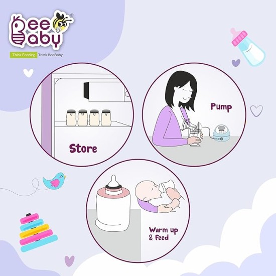 BeeBaby Pump N' Protect Breast Milk Storage Bottles. Pack of 3 Milk Collection Bottles fits Most Wide Neck Breast Pumps. 100% BPA Free. 150ML / 5oz. White