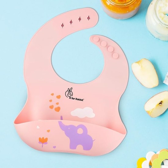 R for Rabbit Safari Silicone Bib for Baby Food Feeding BPA Free, Baby Apron Adjustable Straps, Built-in Food Pocket Mess Free, Waterproof, Washable & Reusable Ideal for Babies 6 to 36 Months (Peach)