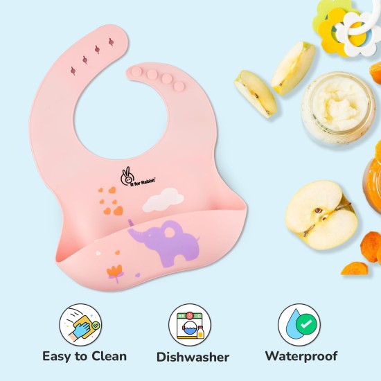 R for Rabbit Safari Silicone Bib for Baby Food Feeding BPA Free, Baby Apron Adjustable Straps, Built-in Food Pocket Mess Free, Waterproof, Washable & Reusable Ideal for Babies 6 to 36 Months (Peach)