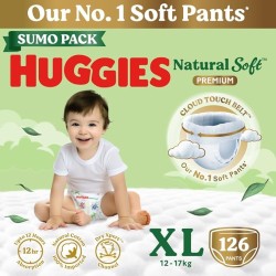 Huggies Natural Soft Premium Baby Diaper Pants, Our No.1 Soft Pants, Extra Large (XL) Size (12-17 Kgs), Sumo Pack of 126 diapers | Cloud Softness All over with India's 1st Cloud Touch BeltTM
