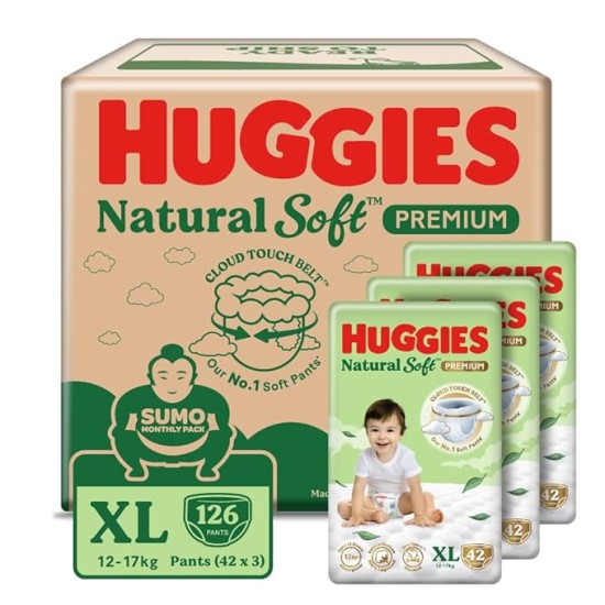 Huggies Natural Soft Premium Baby Diaper Pants, Our No.1 Soft Pants, Extra Large (XL) Size (12-17 Kgs), Sumo Pack of 126 diapers | Cloud Softness All over with India's 1st Cloud Touch BeltTM
