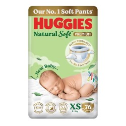 Huggies Natural Soft Premium Baby Diaper Pants, Our No.1 Soft Pants, Newborn/Extra Small (XS) Size (0-5 Kgs), Pack of 76 | Cloud Softness All over with India's 1st Cloud Touch Belt