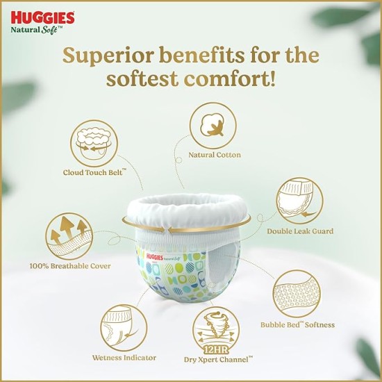 Huggies Natural Soft Premium Baby Diaper Pants, Our No.1 Soft Pants, Newborn/Extra Small (XS) Size (0-5 Kgs), Pack of 76 | Cloud Softness All over with India's 1st Cloud Touch Belt