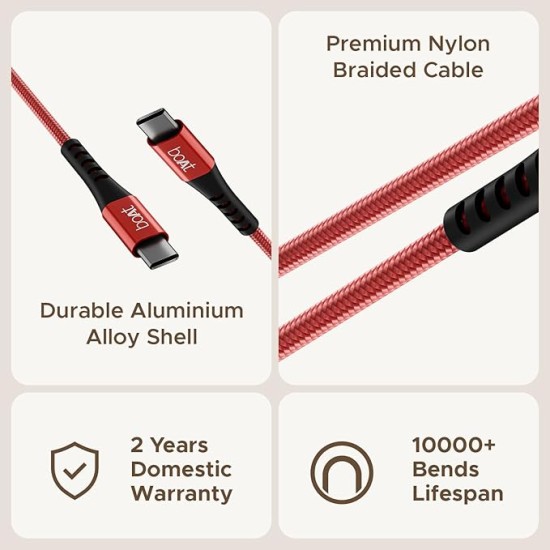 boAt Type-C C600 Tangle-Free, Sturdy Cable w/100W/5A Fast Charging Cable & 10Gbps Data Transmission,10000+ Bends Lifespan & Extended 1.5m Length,Compatible w/Xiaomi,Oneplus, Samsung, Vivo & Oppo(Red)