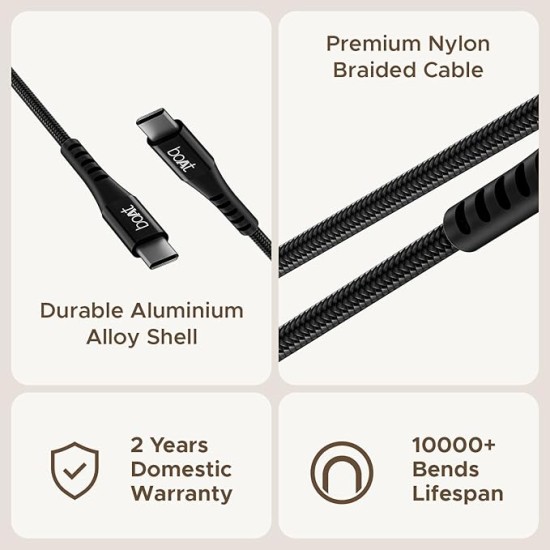 boAt Type-C C600 Tangle-Free, Sturdy Cable w/100W/5A Fast Charging Cable & 10Gbps Data Transmission,10000+ Bends Lifespan & Extended 1.5m Length,Compatible w/Xiaomi,Oneplus, Samsung, Vivo & Oppo(Black)