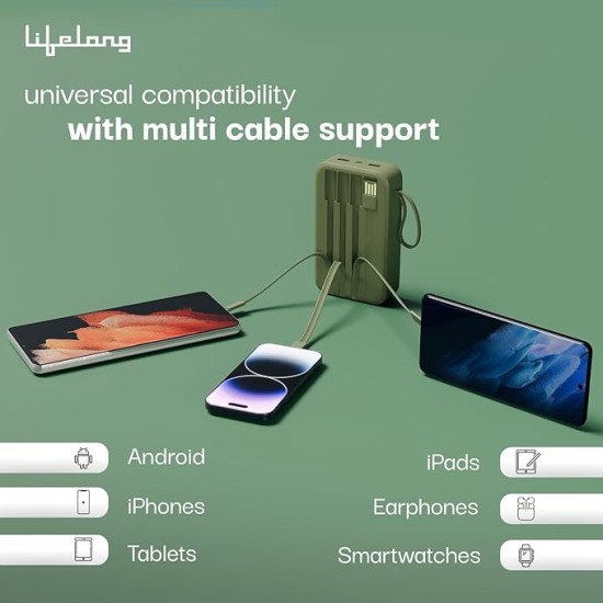 Lifelong Electronics 20000mAh 22.5W Fast Charging Power Bank | 3 Inputs (in-Built USB Cable + Lightning + Type-C Port) | 6 Outputs (3 in-Built Cables + 1 Type-C Port + 2 USB Ports) | QC 3.0 Powerbank