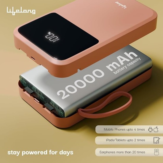 Lifelong Electronics 20000mAh 22.5W Fast Charging Power Bank | 3 Inputs (in-Built USB Cable + Lightning + Type-C Port) | 6 Outputs (3 in-Built Cables + 1 Type-C Port + 2 USB Ports) | QC 3.0 Powerbank