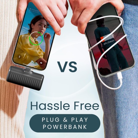 Portronics Power Pebble 5000mAh 20W Fast Charging Nano Powerbank, in-Built Foldable Type C Input/Output Pin, Type C PD Output, LED Battery Indicator, Compatible with Type C Smartphone,iPhone(Black)