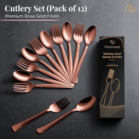 Cutlery (Set of 12, Stainless Steel PVD Rose Gold Spoons - 6 and Forks - 6), 100% Food Grade, Non Toxic, Anti-Rust, Dishwasher Safe, Perfect Gifting Set for All Occasions