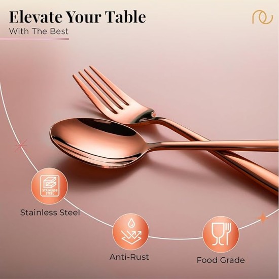 Cutlery (Set of 12, Stainless Steel PVD Rose Gold Spoons - 6 and Forks - 6), 100% Food Grade, Non Toxic, Anti-Rust, Dishwasher Safe, Perfect Gifting Set for All Occasions