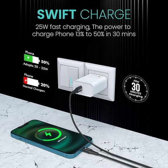 Portronics Adapto 25 25W Super Fast Type C PD Wall Charger for iPhone 15/14/13/12/11 All Pro,Max Series, Samsung Galaxy S/A/M/F Series & Other Type C Devices, PPS Protection,Fast Charging Adaptor Portronics Adapto 25 25W Super Fast Type C PD Wall Charger for iPhone 15/14/13/12/11 All Pro,Max Series, Samsung Galaxy S/A/M/F Series & Other Type C Devices, PPS Protection,Fast Charging Adaptor