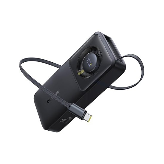 Baseus Free2Pull 10000mAh 30W Fast Charging Power Bank – Built-in Retractable USB-C Cable, Digital Display, Compact Design – Cosmic Black