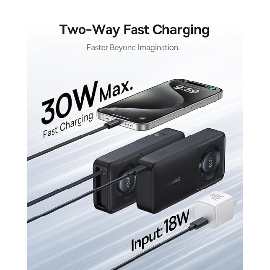 Baseus Free2Pull 10000mAh 30W Fast Charging Power Bank – Built-in Retractable USB-C Cable, Digital Display, Compact Design – Cosmic Black