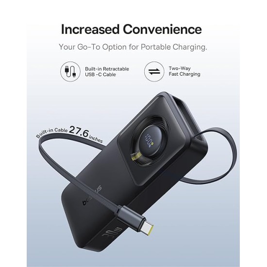 Baseus Free2Pull 10000mAh 30W Fast Charging Power Bank – Built-in Retractable USB-C Cable, Digital Display, Compact Design – Cosmic Black