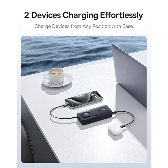 Baseus Free2Pull 10000mAh 30W Fast Charging Power Bank – Built-in Retractable USB-C Cable, Digital Display, Compact Design – Cosmic Black