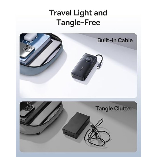 Baseus Free2Pull 10000mAh 30W Fast Charging Power Bank – Built-in Retractable USB-C Cable, Digital Display, Compact Design – Cosmic Black