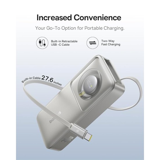Baseus Free2Pull 10000mAh 30W Portable Power Bank – Built-in Retractable USB-C Cable, Digital Display, PD Fast Charging – Lunar Gray