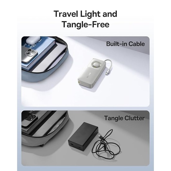 Baseus Free2Pull 10000mAh 30W Portable Power Bank – Built-in Retractable USB-C Cable, Digital Display, PD Fast Charging – Lunar Gray