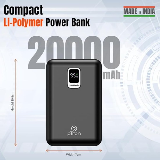 pTron Dynamo Ultra 20000mAh Power Bank, 22.5W Superfast Charging, Compact Size, Type-C/PD 20W Fast Charging, Supports VOOC/Wrap/Dash/Quick Charge Protocols, 3 Output Ports, Type-C Input/Output (Black)