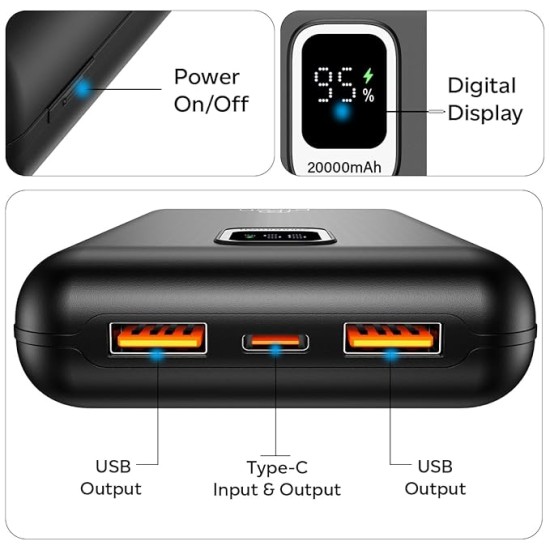 pTron Dynamo Ultra 20000mAh Power Bank, 22.5W Superfast Charging, Compact Size, Type-C/PD 20W Fast Charging, Supports VOOC/Wrap/Dash/Quick Charge Protocols, 3 Output Ports, Type-C Input/Output (Black)