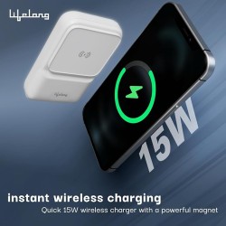 Lifelong Electronics 10000mAh MagSafe Wireless Fast Charging Power Bank | Slim & Compact | For iPhone & All Wireless Enabled Phone | Type C & Lightning Input | 3 In-built Cables| 15W Wireless | QC 3.0 Lifelong Electronics 10000mAh MagSafe Wireless Fast Charging Power Bank | Slim & Compact | For iPhone & All Wireless Enabled Phone | Type C & Lightning Input | 3 In-built Cables| 15W Wireless | QC 3.0