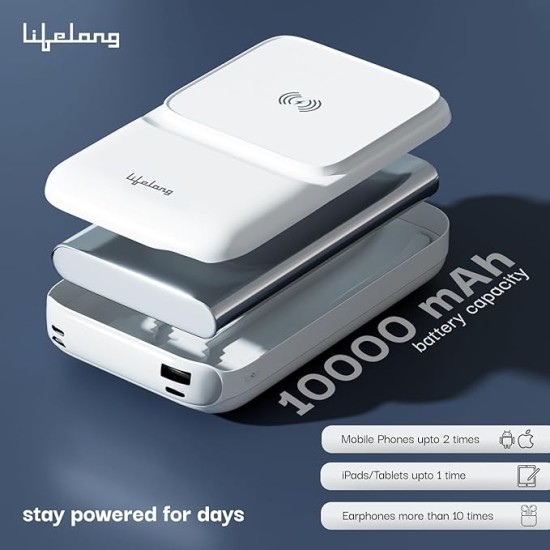 Lifelong Electronics 10000mAh MagSafe Wireless Fast Charging Power Bank | Slim & Compact | For iPhone & All Wireless Enabled Phone | Type C & Lightning Input | 3 In-built Cables| 15W Wireless | QC 3.0