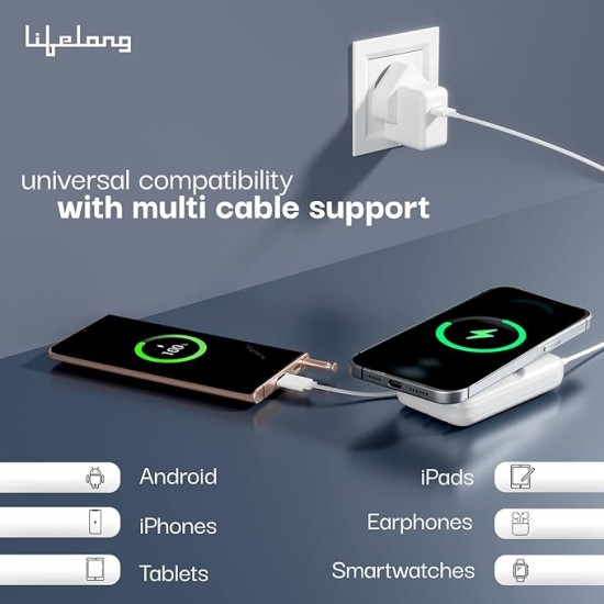 Lifelong Electronics 10000mAh MagSafe Wireless Fast Charging Power Bank | Slim & Compact | For iPhone & All Wireless Enabled Phone | Type C & Lightning Input | 3 In-built Cables| 15W Wireless | QC 3.0