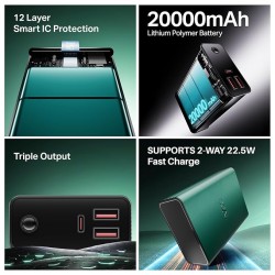 boAt Energyshroom PB400 Pro 20000mAh | Pocket Size, Compact Power Bank w/Type-C Input (2-Way Port), 3X Output Ports, Compatible with Tablets, Smartphones, Earbuds, Smartwatch(Emerald Green)
