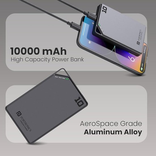 Portronics Boosty 10K 10000mAh 15W Wireless Magnetic Fast Charging Nano Powerbank, Metallic Finish, 20W Type C PD Output, Light Weight, Compatible with iPhone 12 Above, Other Qi Enabled Devices