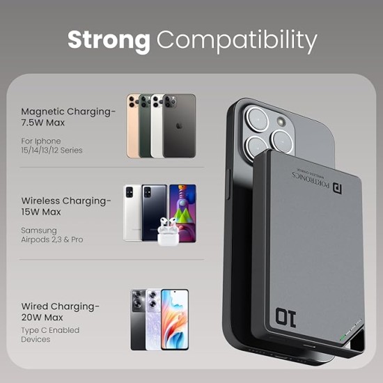 Portronics Boosty 10K 10000mAh 15W Wireless Magnetic Fast Charging Nano Powerbank, Metallic Finish, 20W Type C PD Output, Light Weight, Compatible with iPhone 12 Above, Other Qi Enabled Devices