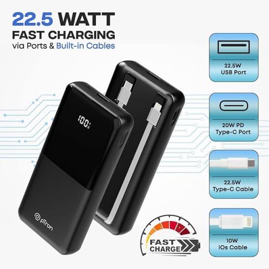 pTron Dynamo Power 20000mAh 22.5W Super Fast Charging, USB Type-C Input Power Bank with Quick Charge & 20W Power Delivery, Built-in Charging Cables, 4 Outputs, Type-C Input/Output Port (Black)