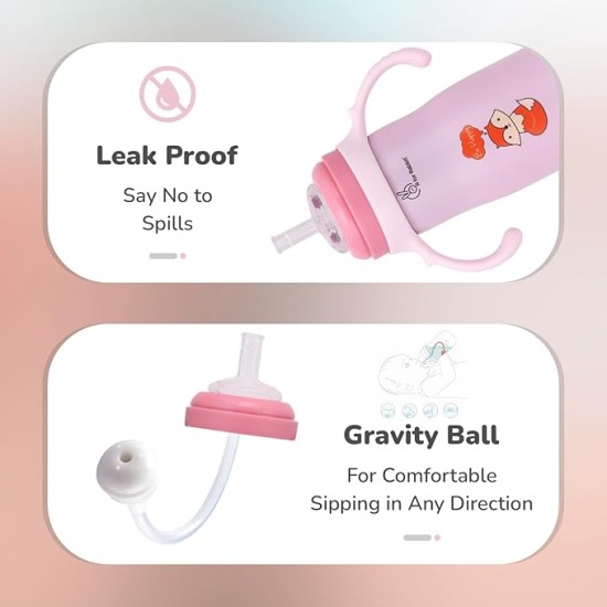 R for Rabbit Steebo Tiny Tales Premium Stainless Steel Straw Sipper for Baby, Leak & Spill Proof BPA Free Soft Silicone Straw Drinking Sipper Bottle for Baby Boy & Girl of 6+ Months (270ml, Pink)