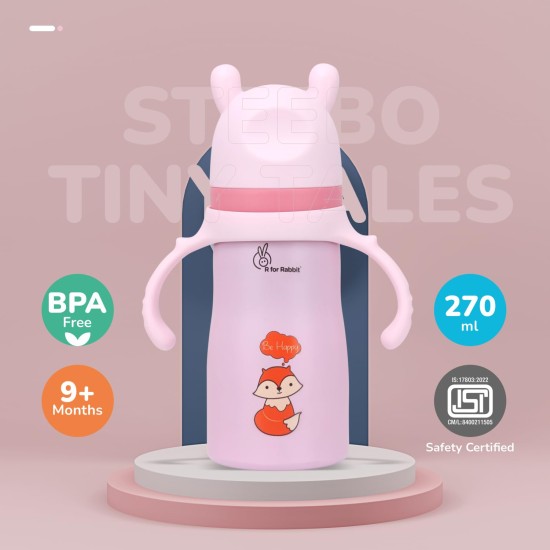 R for Rabbit Steebo Tiny Tales Premium Stainless Steel Straw Sipper for Baby, Leak & Spill Proof BPA Free Soft Silicone Straw Drinking Sipper Bottle for Baby Boy & Girl of 6+ Months (270ml, Pink)